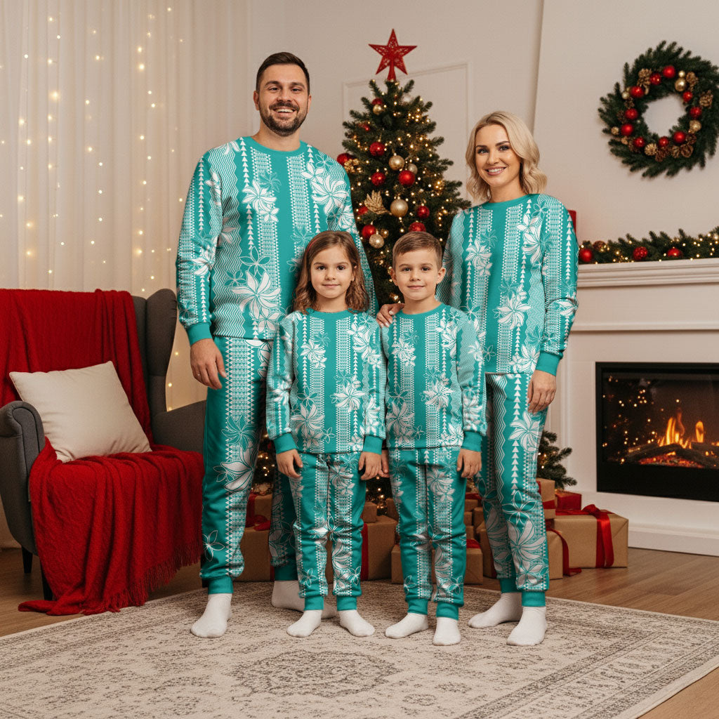 Hawaii Kakau Tribal Christmas Pajama Set With Teal Tiare LT05 - Polynesian Pride