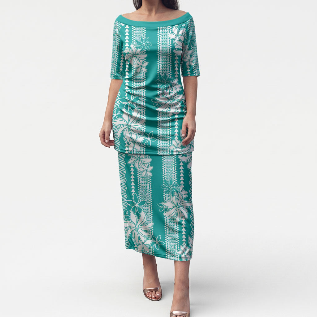 Hawaii Kakau Tribal Puletasi With Teal Tiare LT05 Long Dress Teal - Polynesian Pride
