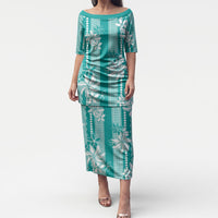 Hawaii Kakau Tribal Puletasi With Teal Tiare LT05 Long Dress Teal - Polynesian Pride