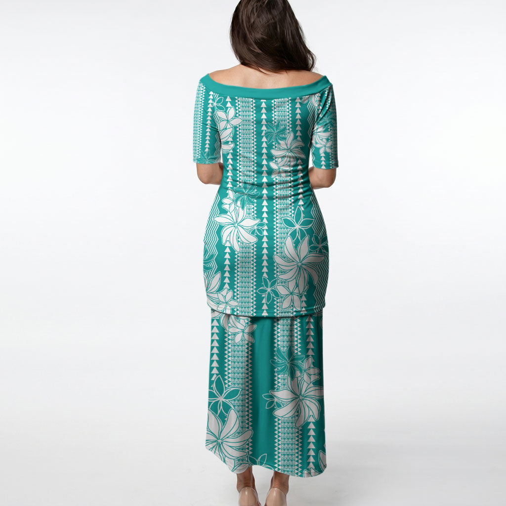Hawaii Kakau Tribal Puletasi With Teal Tiare LT05 - Polynesian Pride
