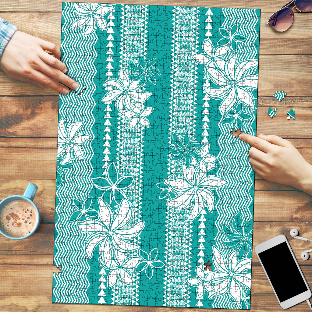 Hawaii Kakau Tribal Puzzle With Teal Tiare LT05 Teal - Polynesian Pride