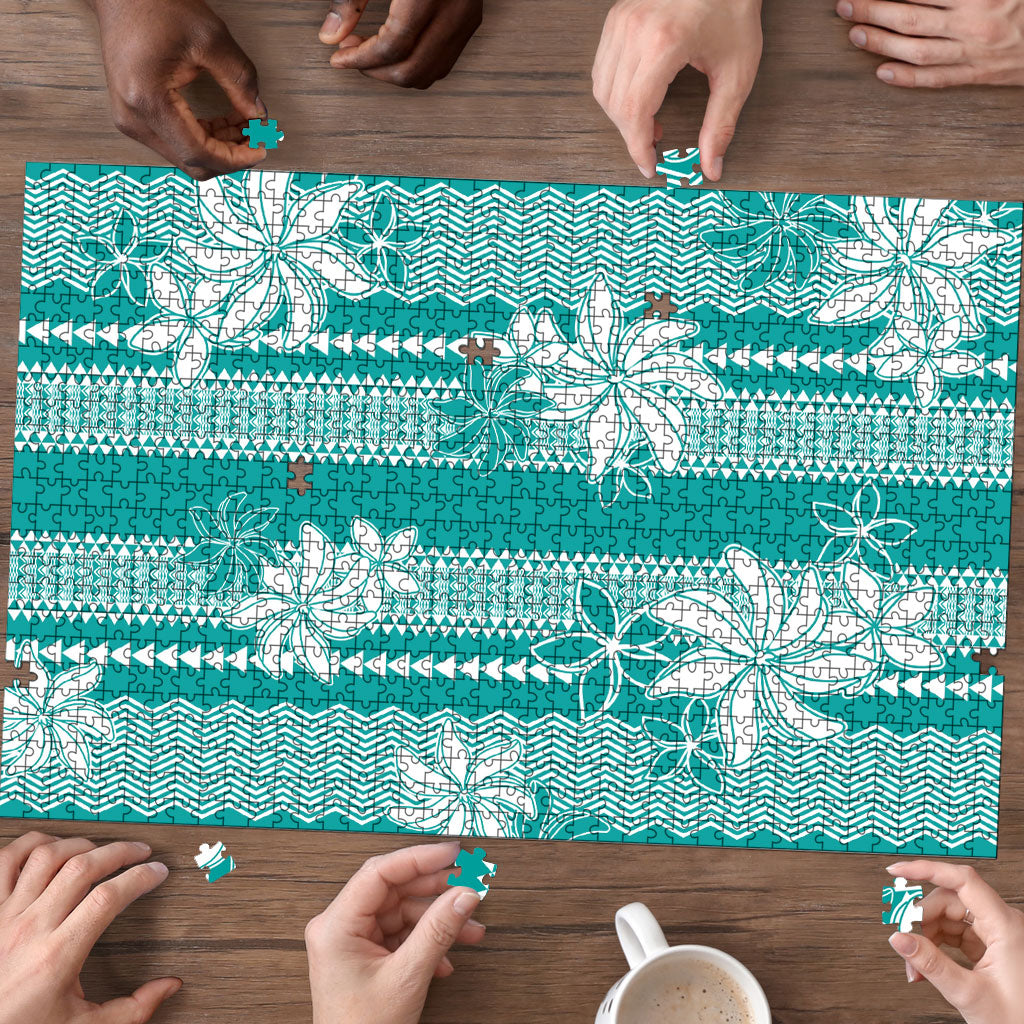 Hawaii Kakau Tribal Puzzle With Teal Tiare LT05 - Polynesian Pride