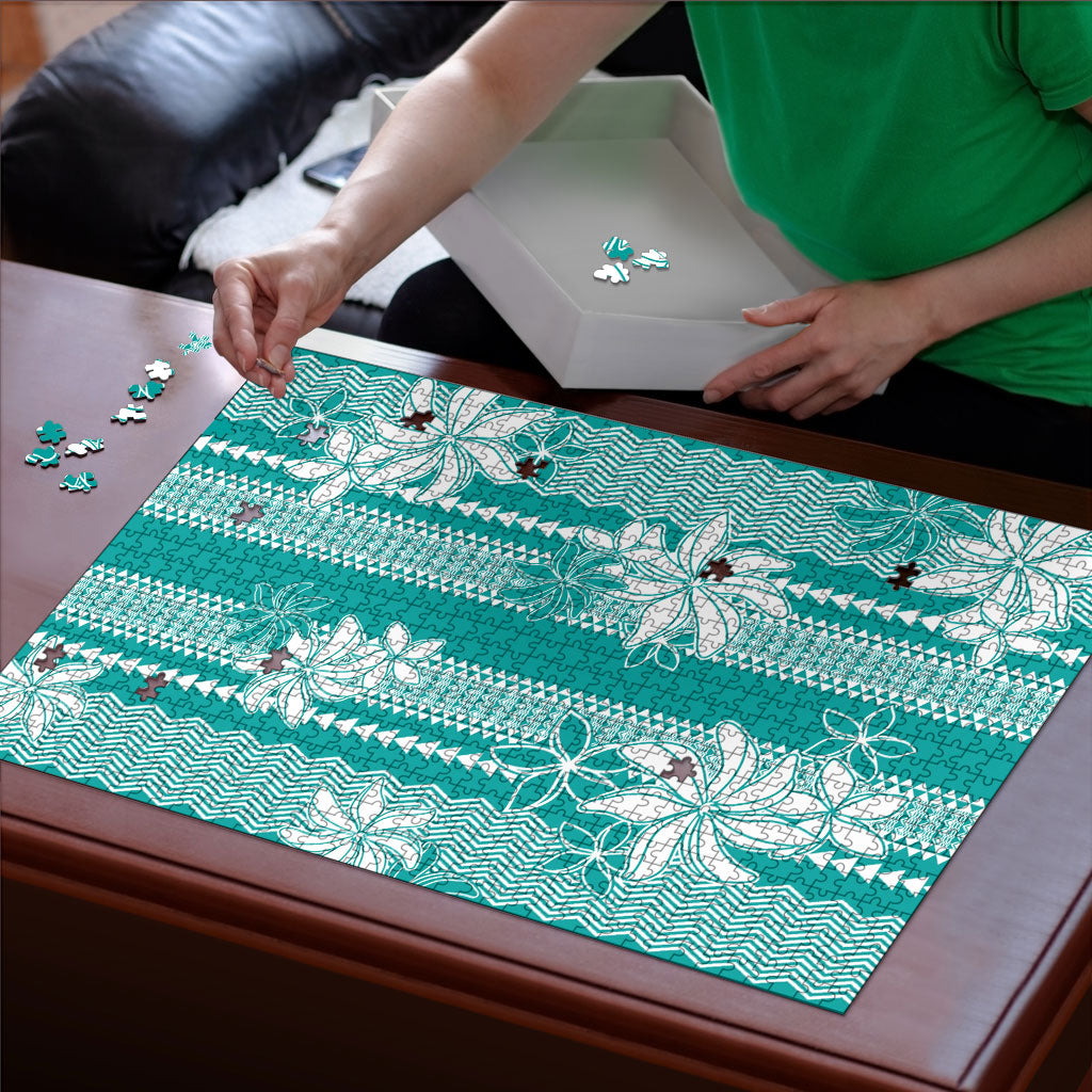 Hawaii Kakau Tribal Puzzle With Teal Tiare LT05 - Polynesian Pride