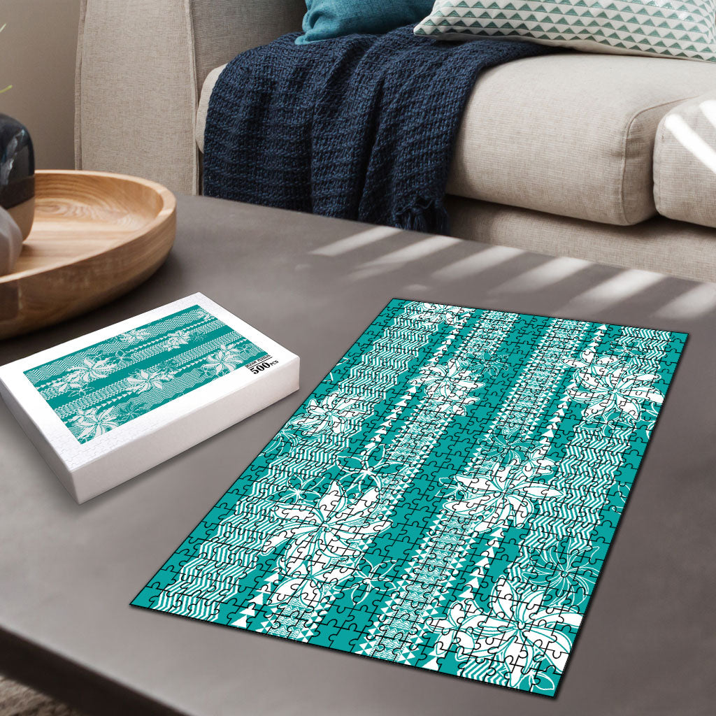 Hawaii Kakau Tribal Puzzle With Teal Tiare LT05 - Polynesian Pride