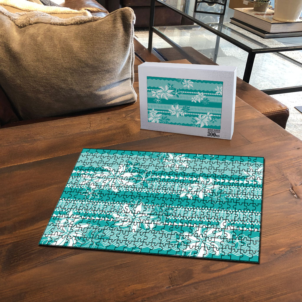 Hawaii Kakau Tribal Puzzle With Teal Tiare LT05 - Polynesian Pride