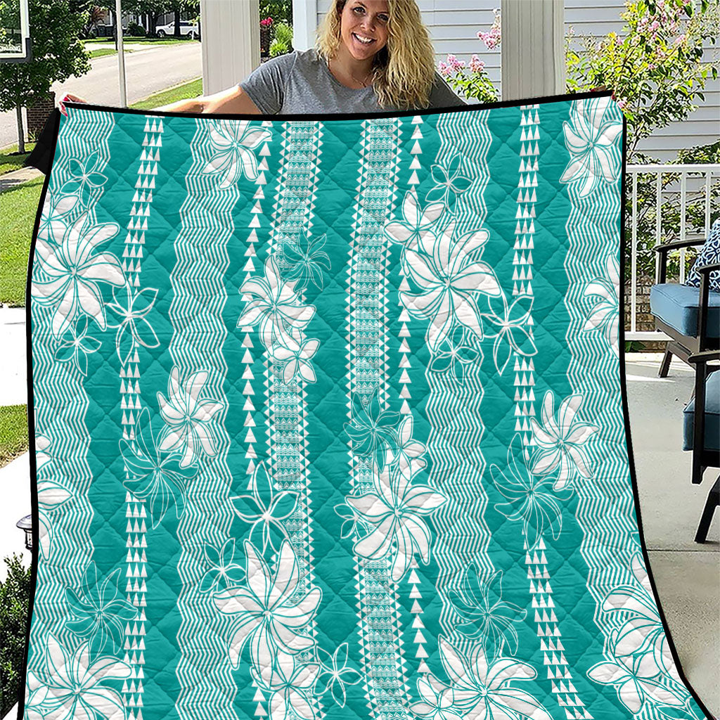 Hawaii Kakau Tribal Quilt With Teal Tiare LT05 Teal - Polynesian Pride