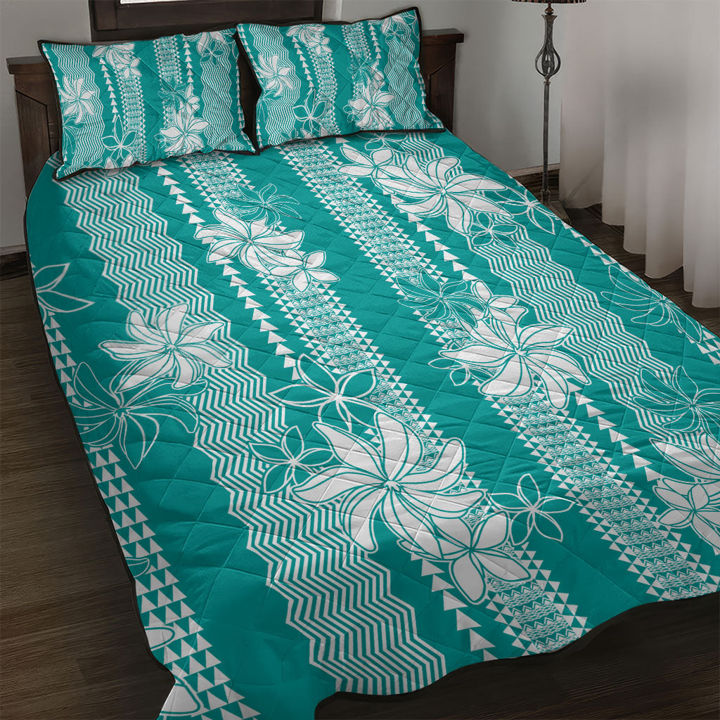 Hawaii Kakau Tribal Quilt Bed Set With Teal Tiare LT05 Teal - Polynesian Pride
