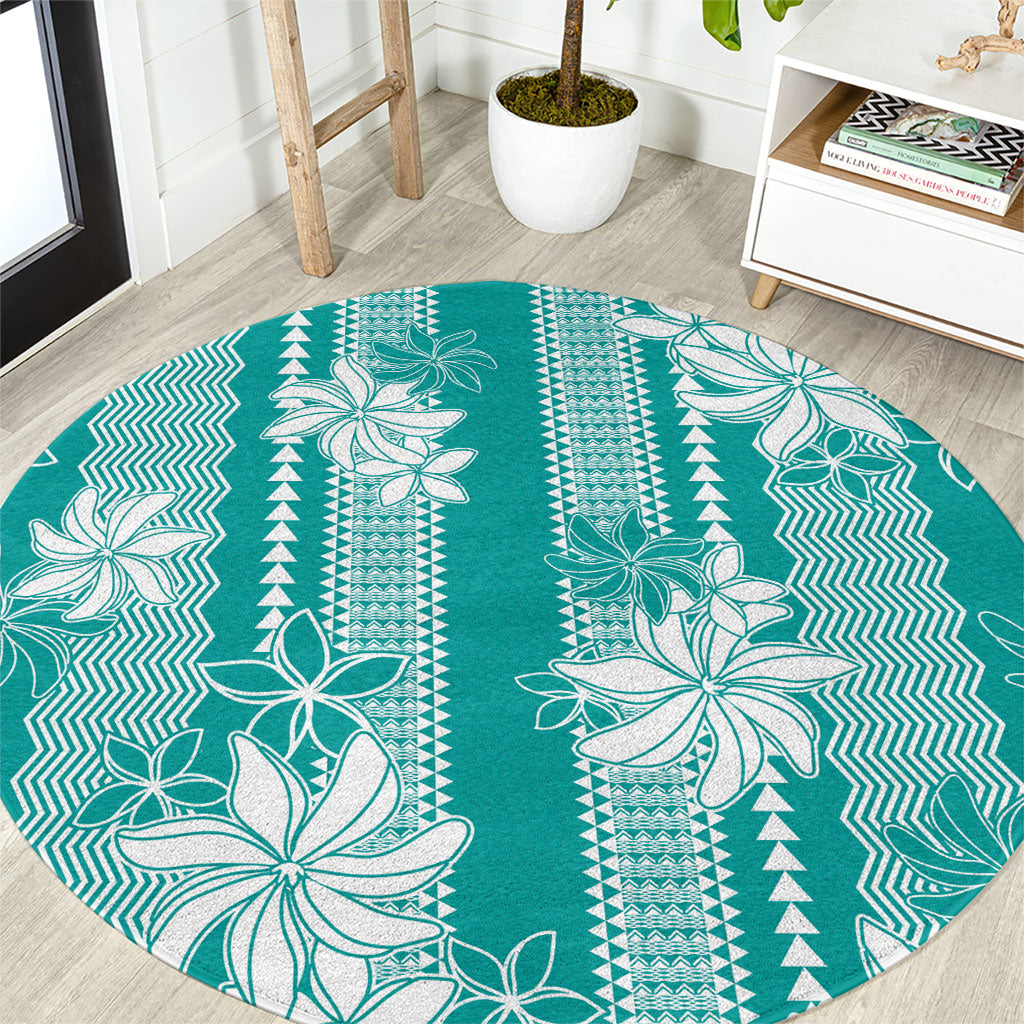 Hawaii Kakau Tribal Round Carpet With Teal Tiare LT05 Teal - Polynesian Pride