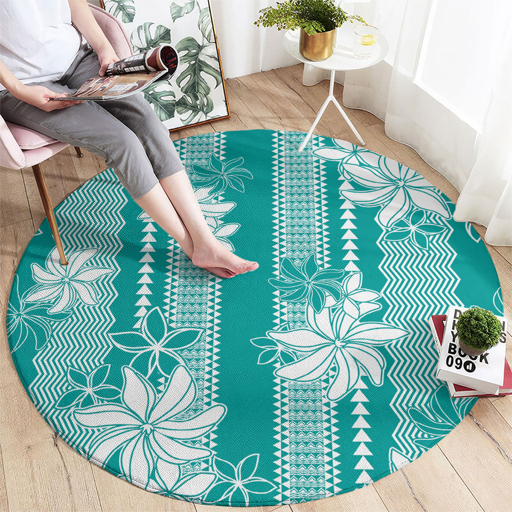 Hawaii Kakau Tribal Round Carpet With Teal Tiare LT05 - Polynesian Pride