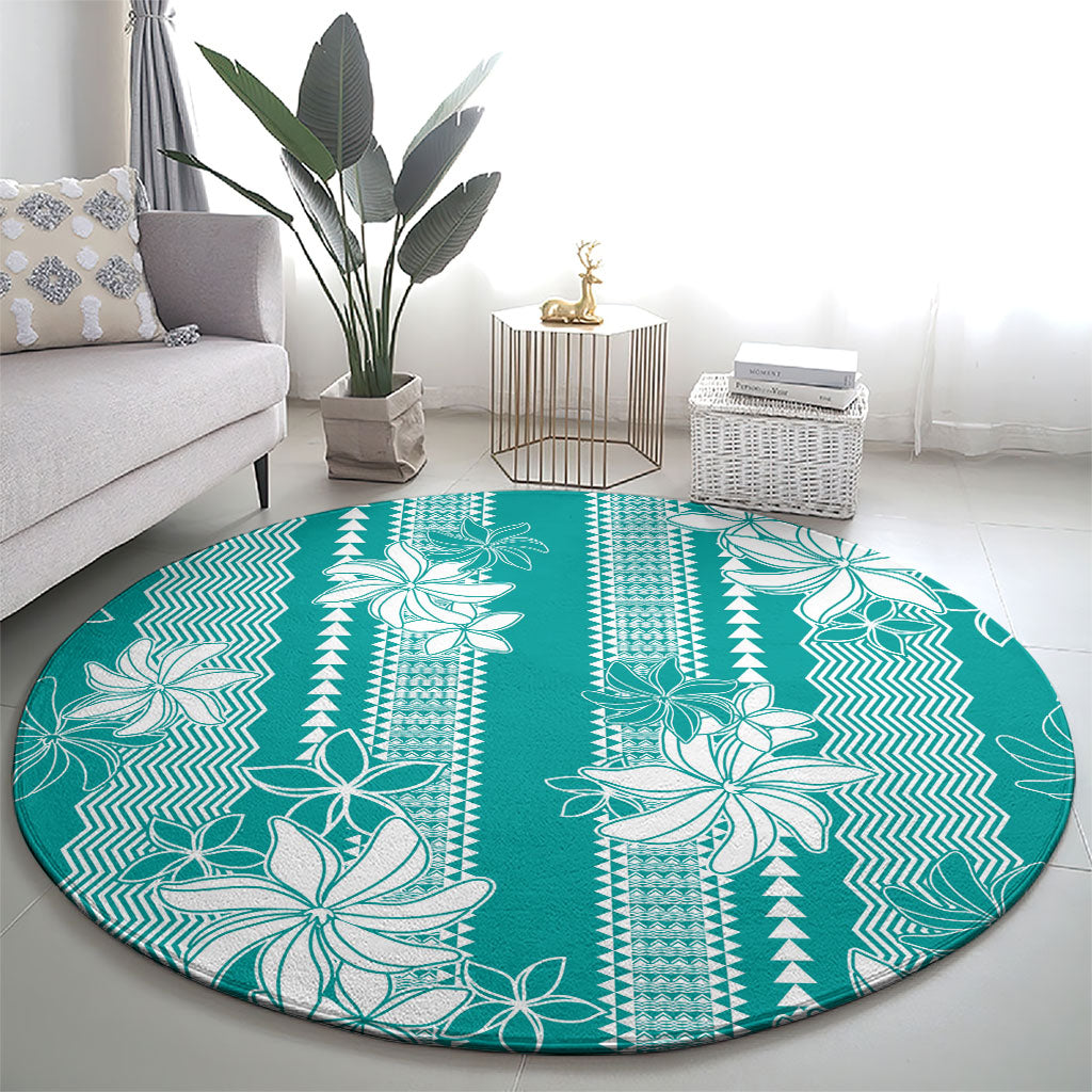 Hawaii Kakau Tribal Round Carpet With Teal Tiare LT05 - Polynesian Pride