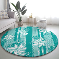 Hawaii Kakau Tribal Round Carpet With Teal Tiare LT05 - Polynesian Pride