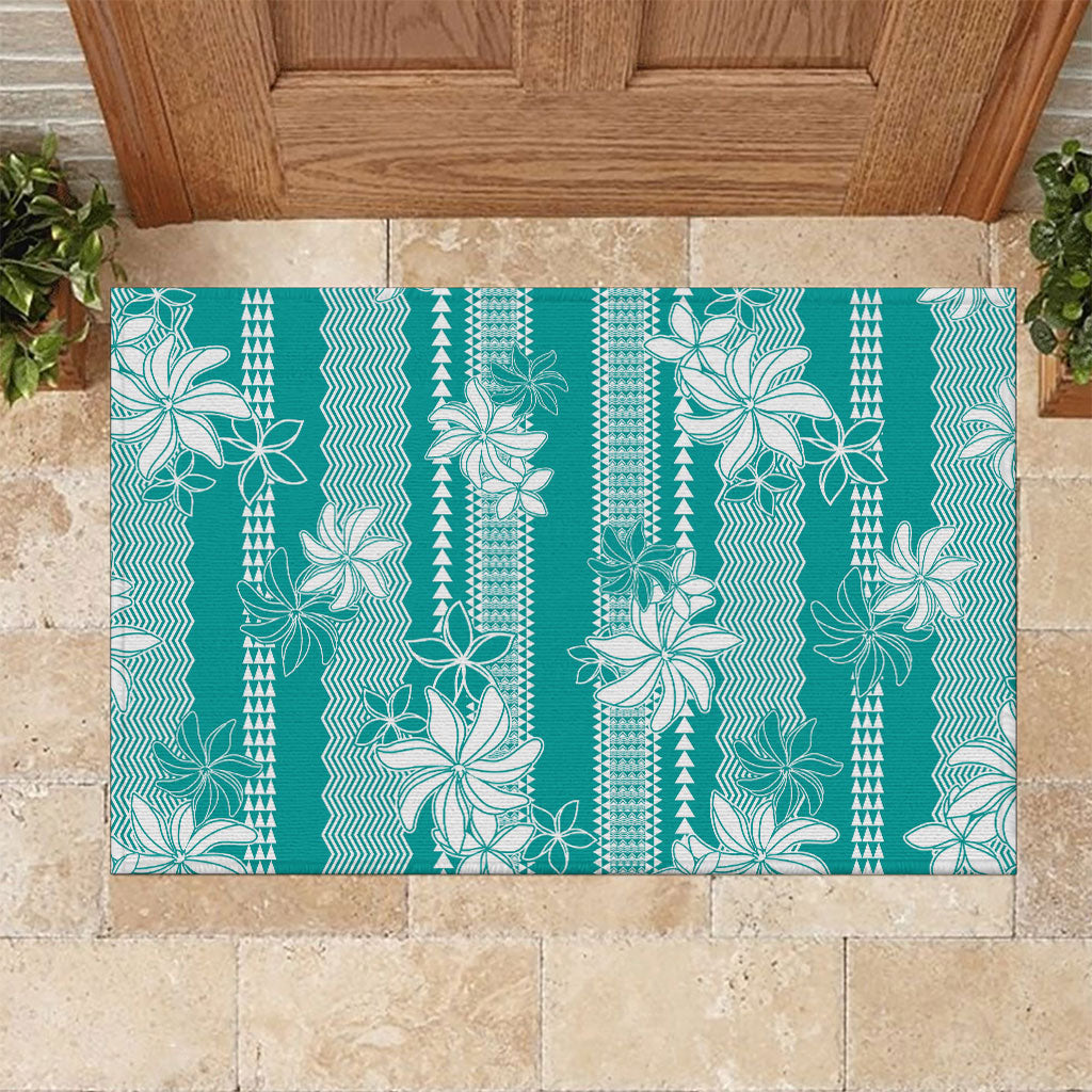 Hawaii Kakau Tribal Rubber Doormat With Teal Tiare LT05 Teal - Polynesian Pride
