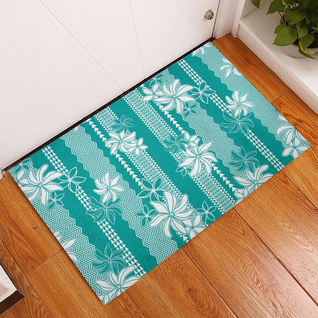 Hawaii Kakau Tribal Rubber Doormat With Teal Tiare LT05 - Polynesian Pride