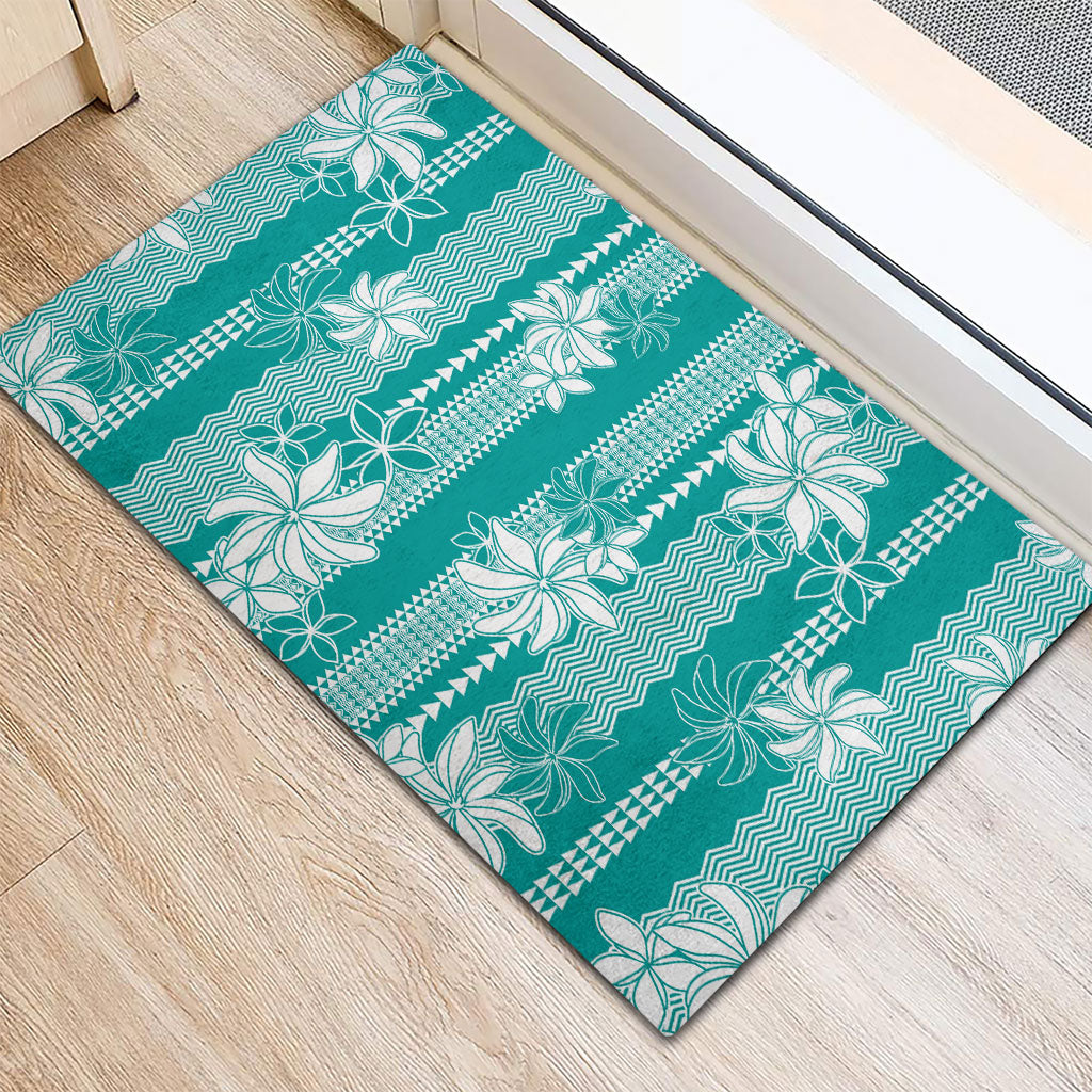 Hawaii Kakau Tribal Rubber Doormat With Teal Tiare LT05 - Polynesian Pride