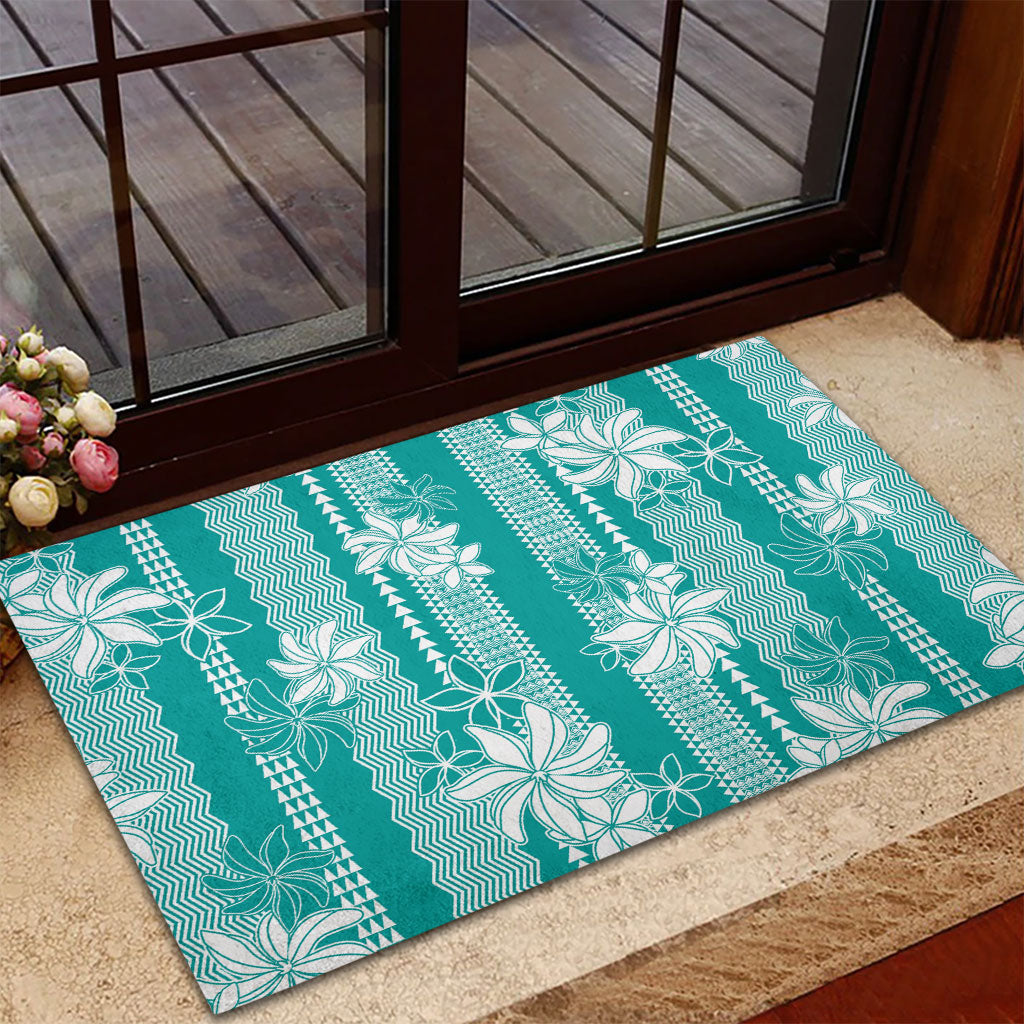 Hawaii Kakau Tribal Rubber Doormat With Teal Tiare LT05 - Polynesian Pride