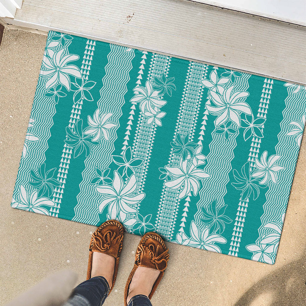 Hawaii Kakau Tribal Rubber Doormat With Teal Tiare LT05 - Polynesian Pride
