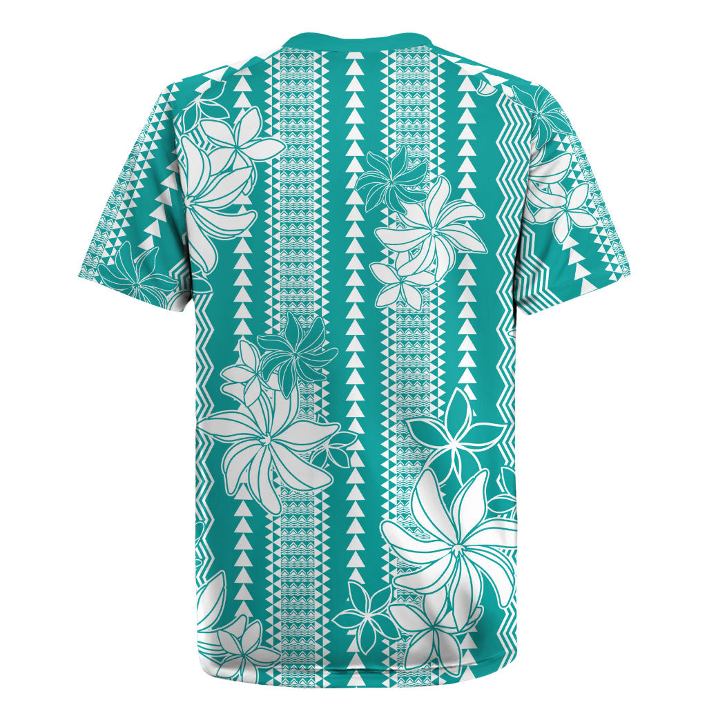Hawaii Kakau Tribal Rugby Jersey With Teal Tiare LT05 - Polynesian Pride