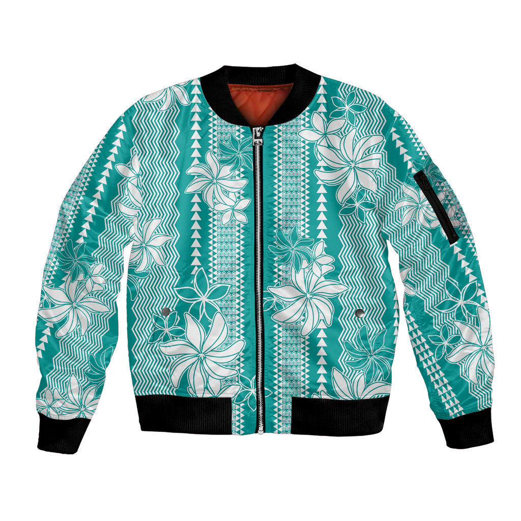Hawaii Kakau Tribal Sleeve Zip Bomber Jacket With Teal Tiare LT05 Unisex Teal - Polynesian Pride