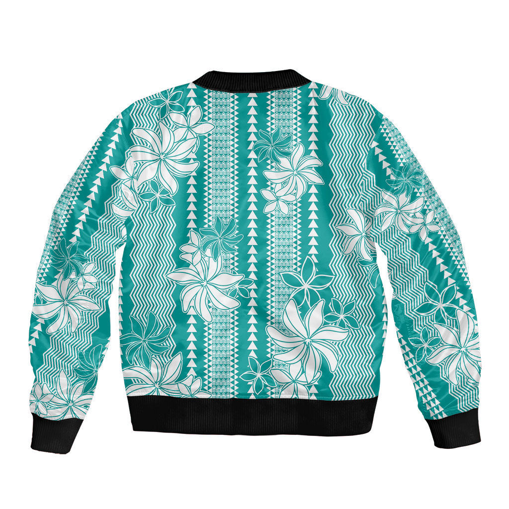 Hawaii Kakau Tribal Sleeve Zip Bomber Jacket With Teal Tiare LT05 - Polynesian Pride