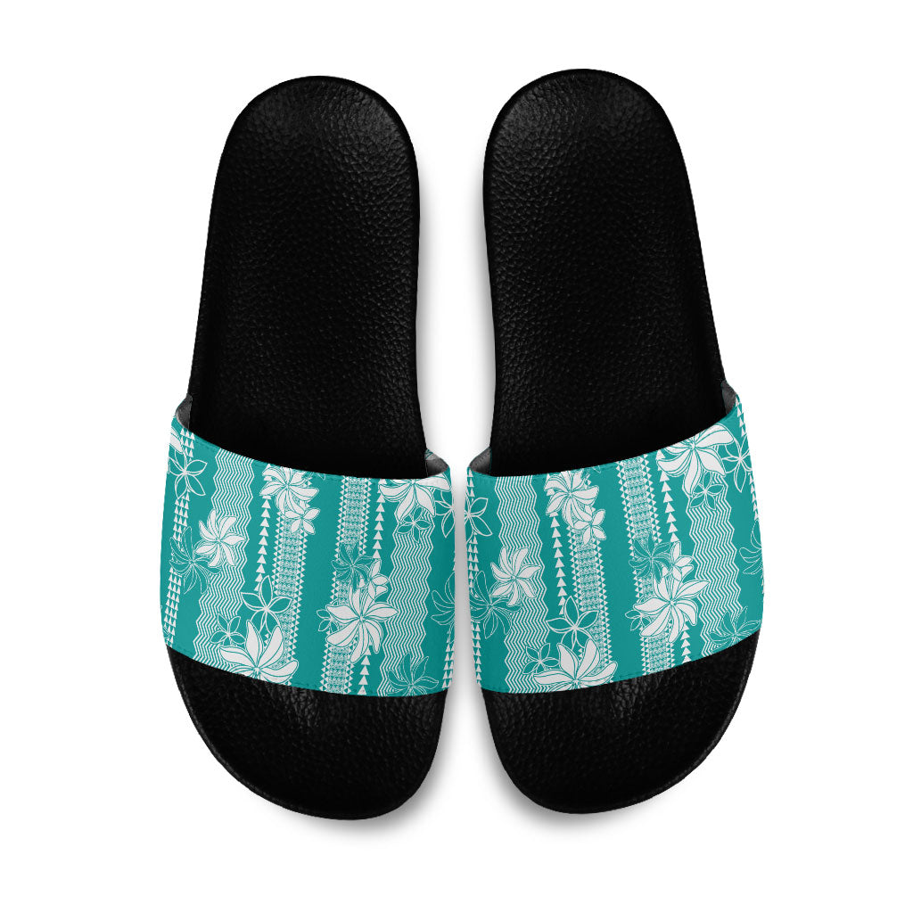 Hawaii Kakau Tribal Slide Sandals With Teal Tiare LT05 Teal - Polynesian Pride