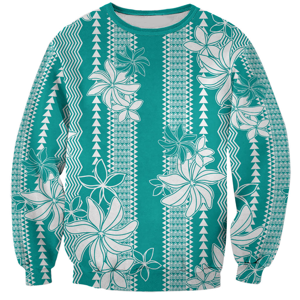 Hawaii Kakau Tribal Sweatshirt With Teal Tiare LT05 Unisex Teal - Polynesian Pride