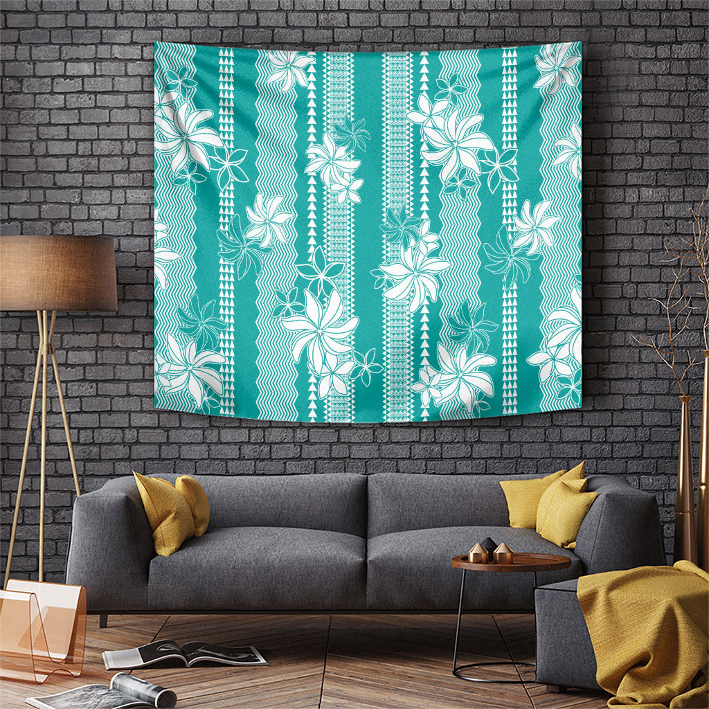 Hawaii Kakau Tribal Tapestry With Teal Tiare LT05 Teal - Polynesian Pride