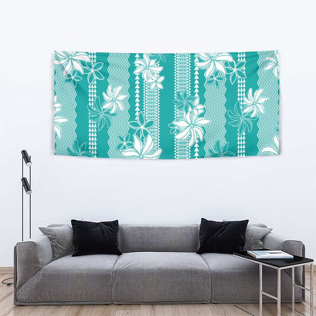 Hawaii Kakau Tribal Tapestry With Teal Tiare LT05 - Polynesian Pride