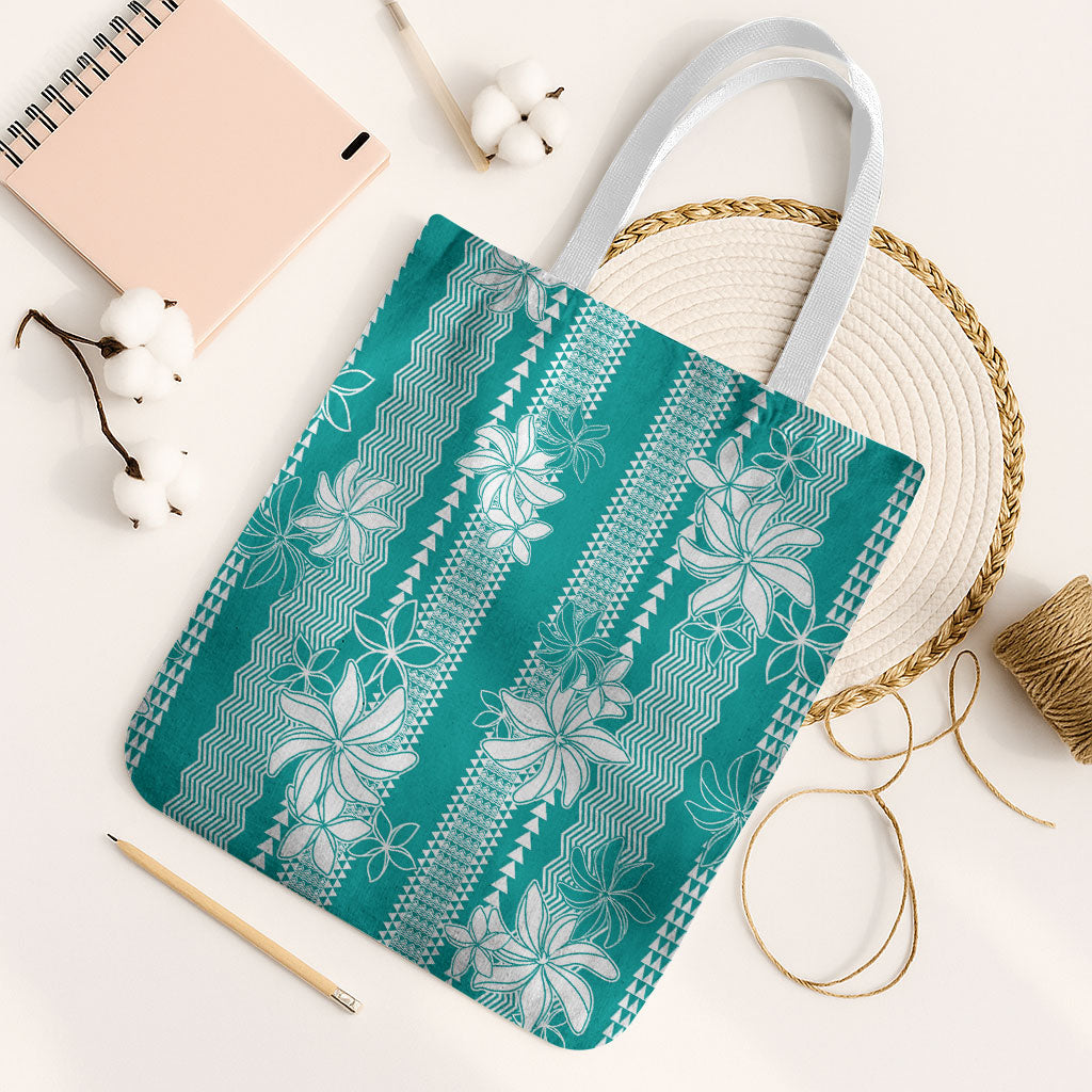 Hawaii Kakau Tribal Tote Bag With Teal Tiare LT05 White Strap One Size Teal - Polynesian Pride