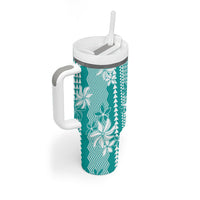 Hawaii Kakau Tribal Tumbler With Handle With Teal Tiare LT05 - Polynesian Pride