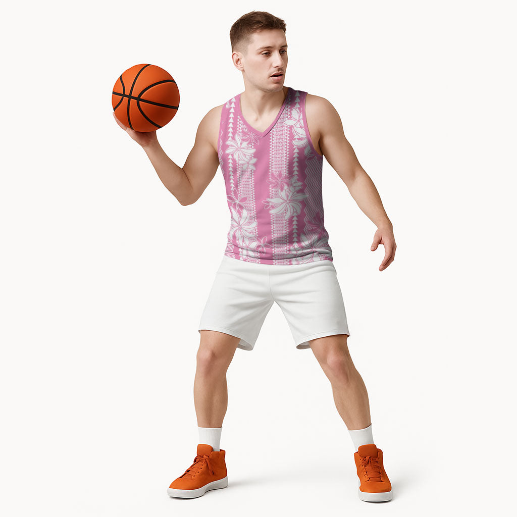 Hawaii Kakau Tribal Basketball Jersey With Pink Tiare LT05 - Polynesian Pride