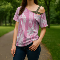 Hawaii Kakau Tribal Cross Shoulder Shirt With Pink Tiare LT05 - Polynesian Pride