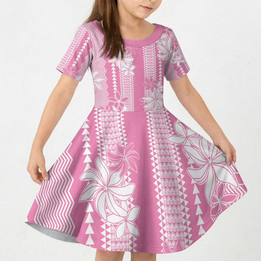 Hawaii Kakau Tribal Kid Short Sleeve Dress With Pink Tiare LT05 KID Pink - Polynesian Pride