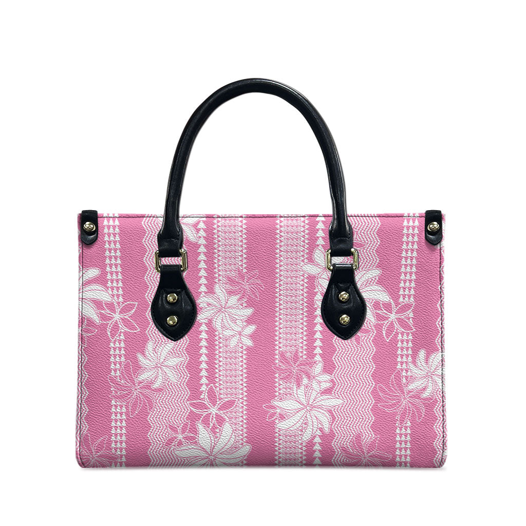 Hawaii Kakau Tribal Leather Bag With Pink Tiare LT05 - Polynesian Pride