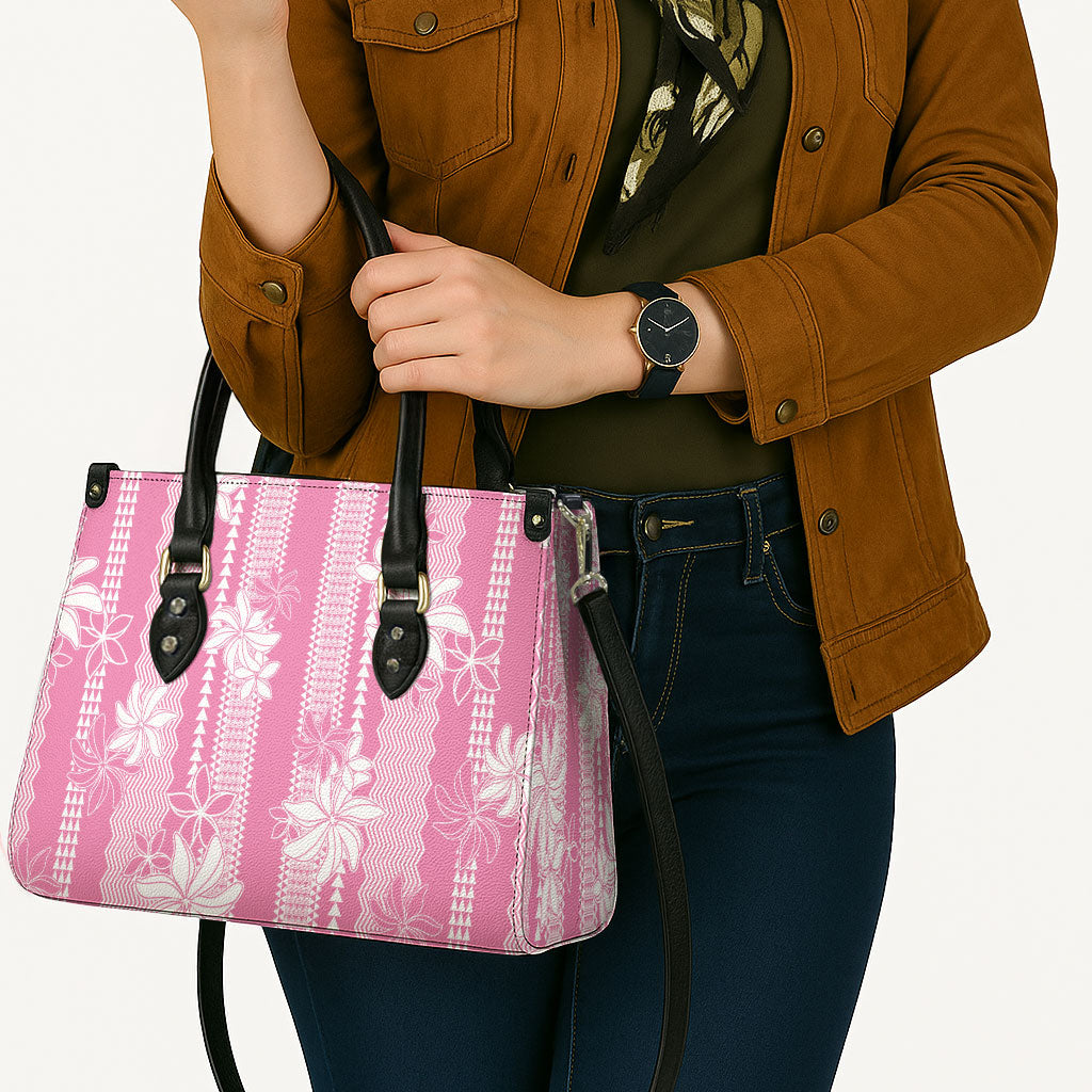 Hawaii Kakau Tribal Leather Bag With Pink Tiare LT05 - Polynesian Pride