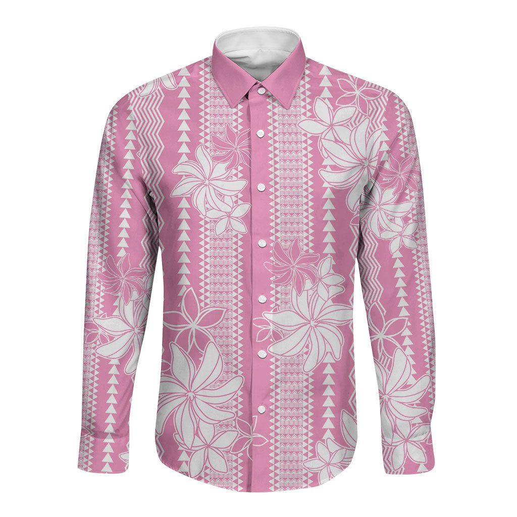 Hawaii Kakau Tribal Long Sleeve Button Shirt With Pink Tiare LT05 Unisex Pink - Polynesian Pride