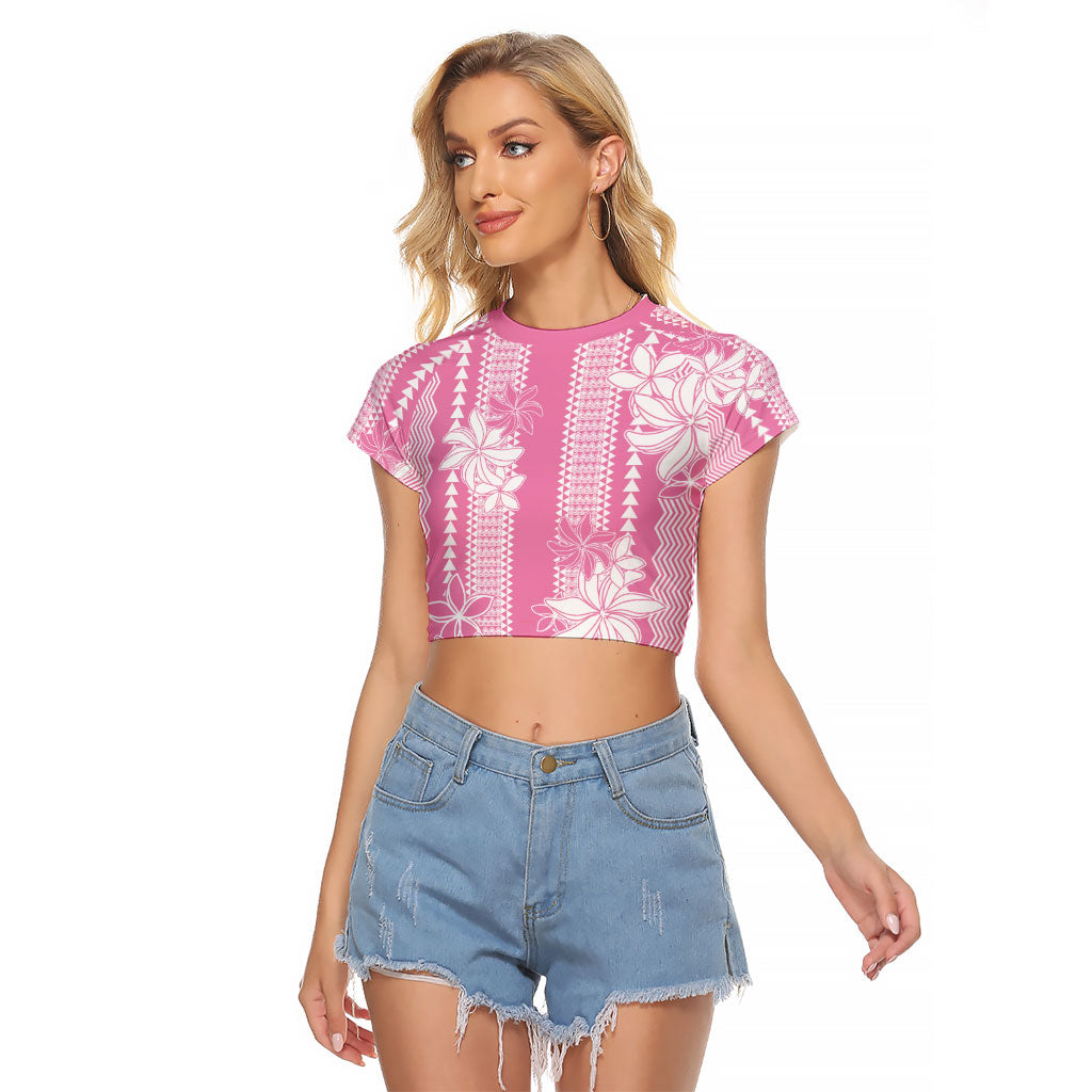 Hawaii Kakau Tribal Raglan Cropped T Shirt With Pink Tiare LT05 Female Pink - Polynesian Pride