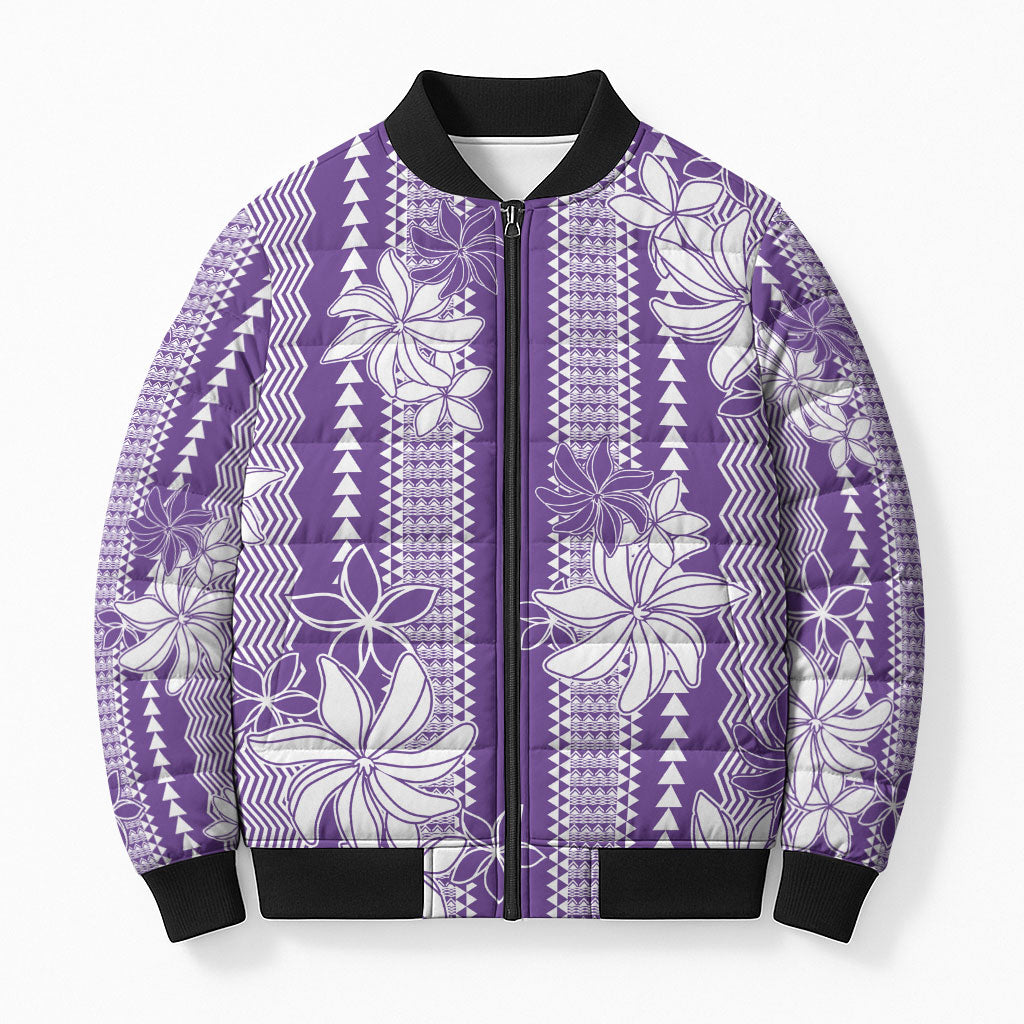 Hawaii Kakau Tribal Bomber Puffer Jacket With Purple Tiare LT05 Unisex Purple - Polynesian Pride