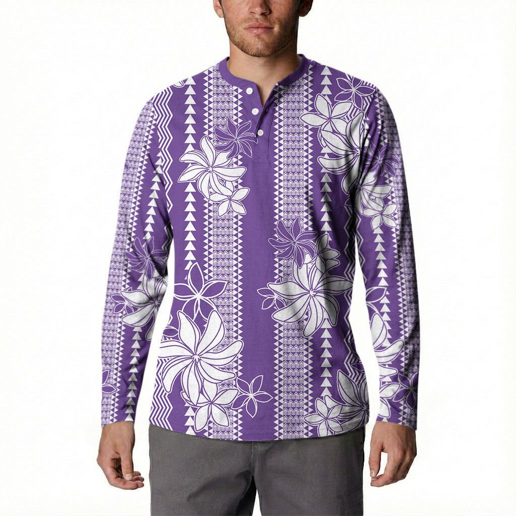 Hawaii Kakau Tribal Button Sweatshirt With Purple Tiare LT05 - Polynesian Pride