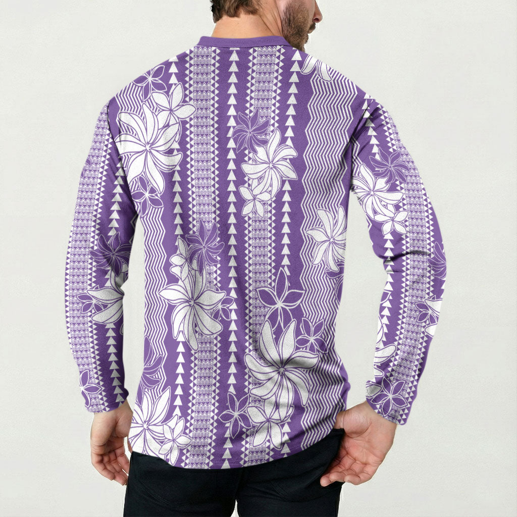 Hawaii Kakau Tribal Button Sweatshirt With Purple Tiare LT05 - Polynesian Pride