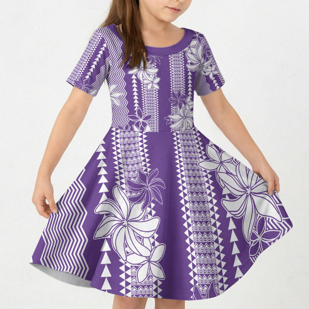 Hawaii Kakau Tribal Kid Short Sleeve Dress With Purple Tiare LT05 KID Purple - Polynesian Pride