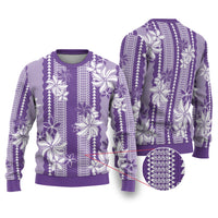 Hawaii Kakau Tribal Ugly Christmas Sweater With Purple Tiare LT05 Purple - Polynesian Pride