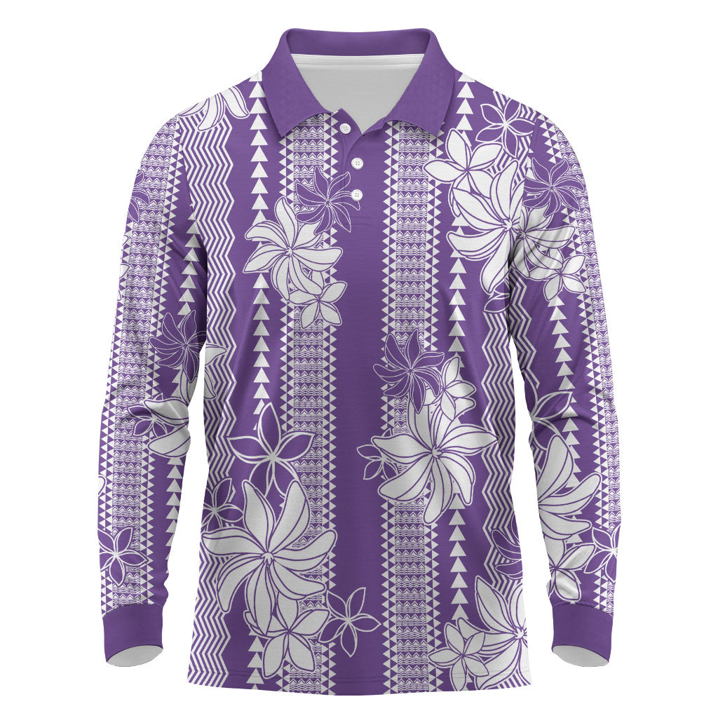 Hawaii Kakau Tribal Long Sleeve Polo Shirt With Purple Tiare LT05 Purple - Polynesian Pride