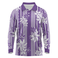 Hawaii Kakau Tribal Long Sleeve Polo Shirt With Purple Tiare LT05 Purple - Polynesian Pride