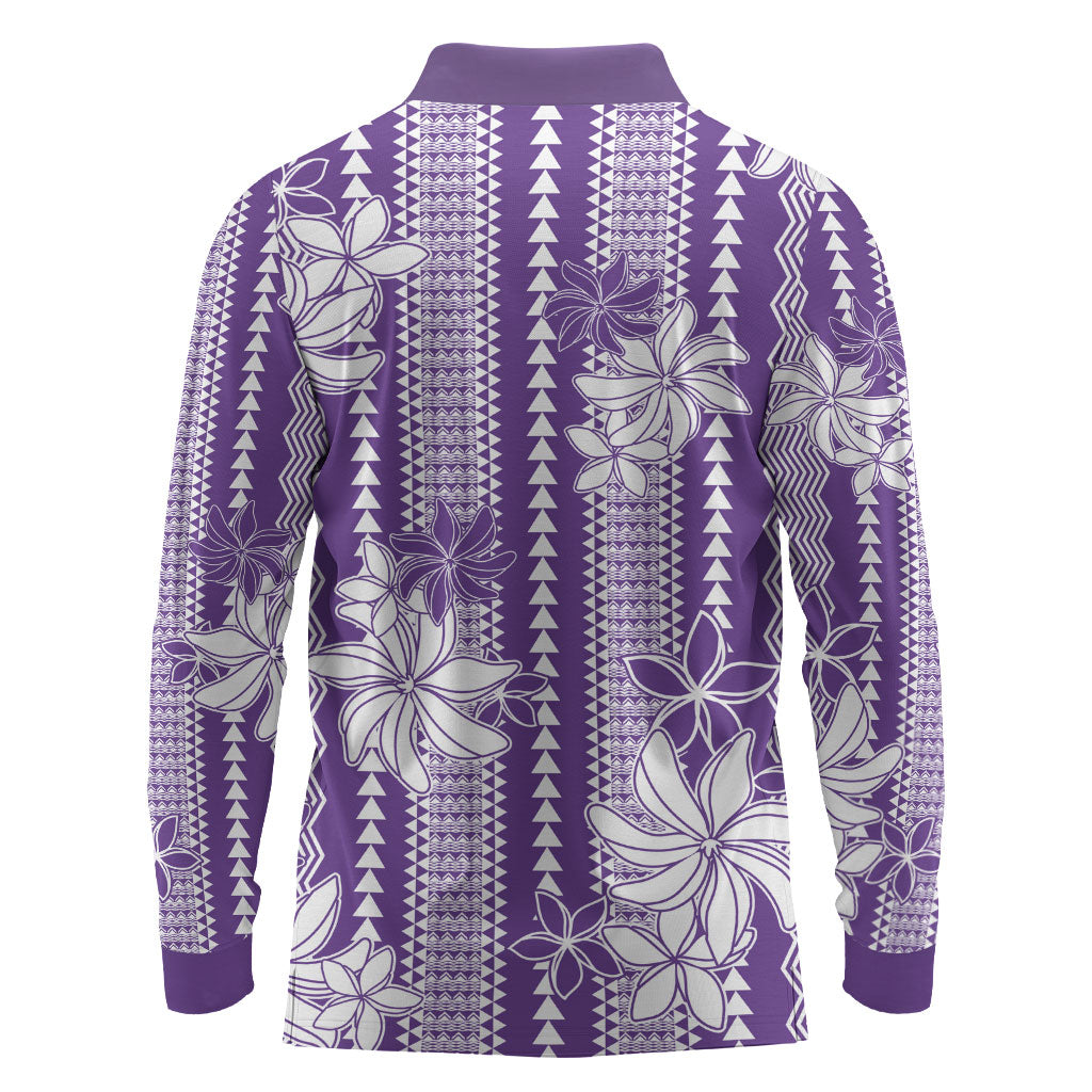 Hawaii Kakau Tribal Long Sleeve Polo Shirt With Purple Tiare LT05 - Polynesian Pride