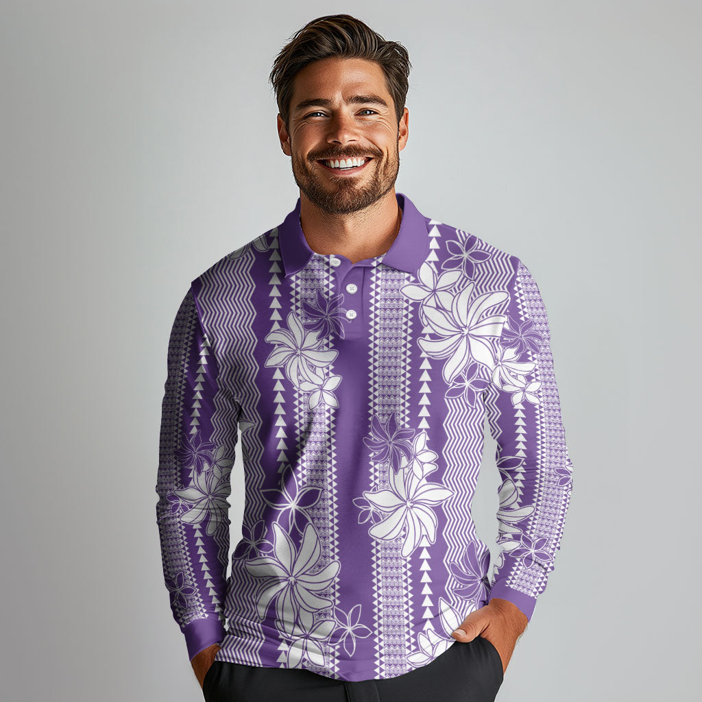 Hawaii Kakau Tribal Long Sleeve Polo Shirt With Purple Tiare LT05 - Polynesian Pride