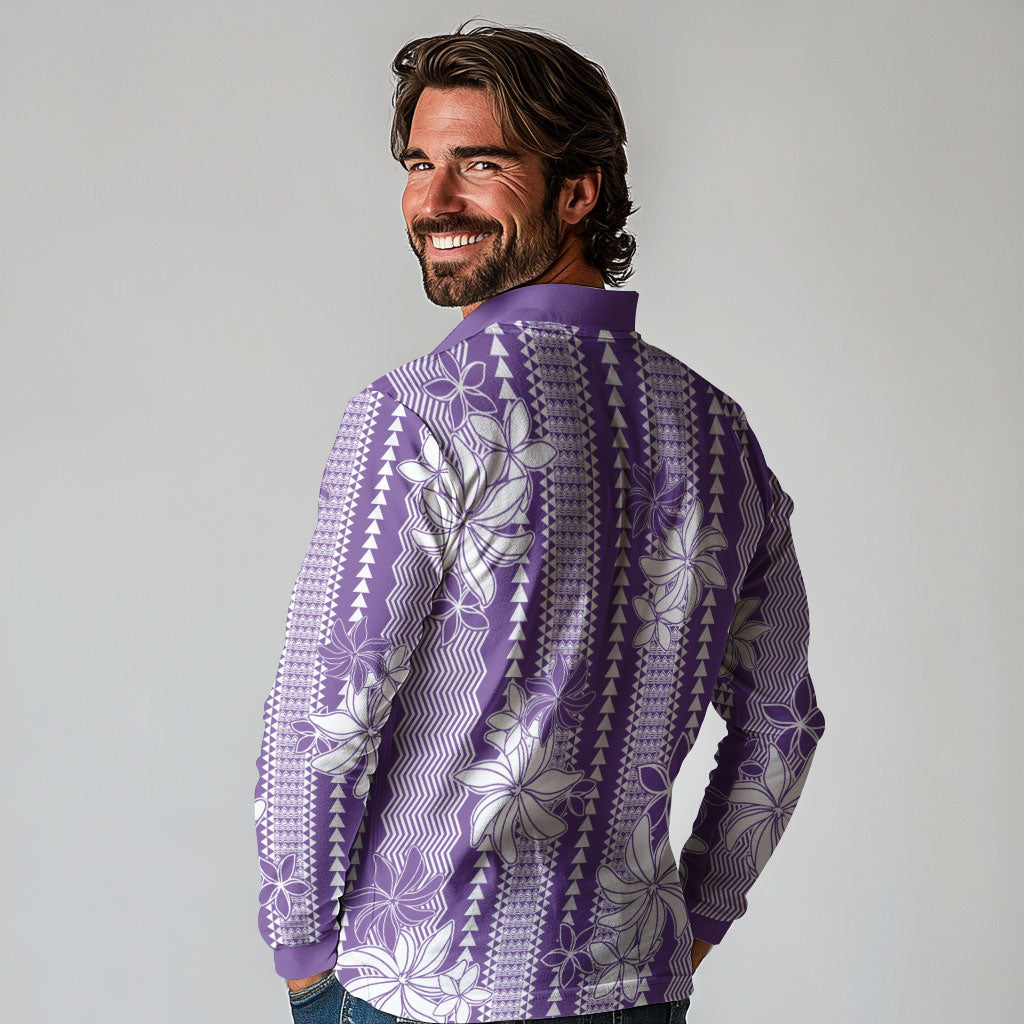 Hawaii Kakau Tribal Long Sleeve Polo Shirt With Purple Tiare LT05 - Polynesian Pride
