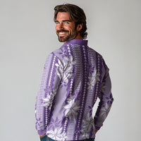 Hawaii Kakau Tribal Long Sleeve Polo Shirt With Purple Tiare LT05 - Polynesian Pride