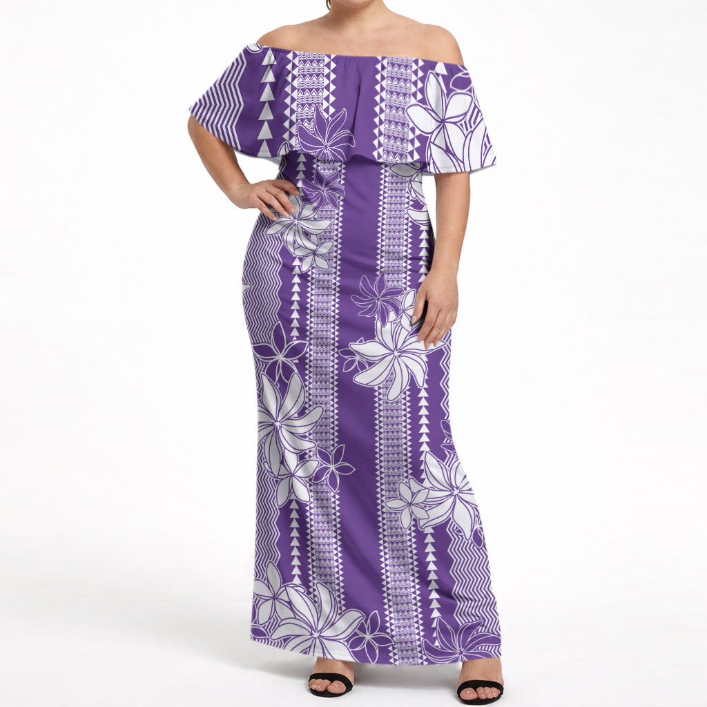 Hawaii Kakau Tribal Off Shoulder Maxi Dress With Purple Tiare LT05 Women Purple - Polynesian Pride