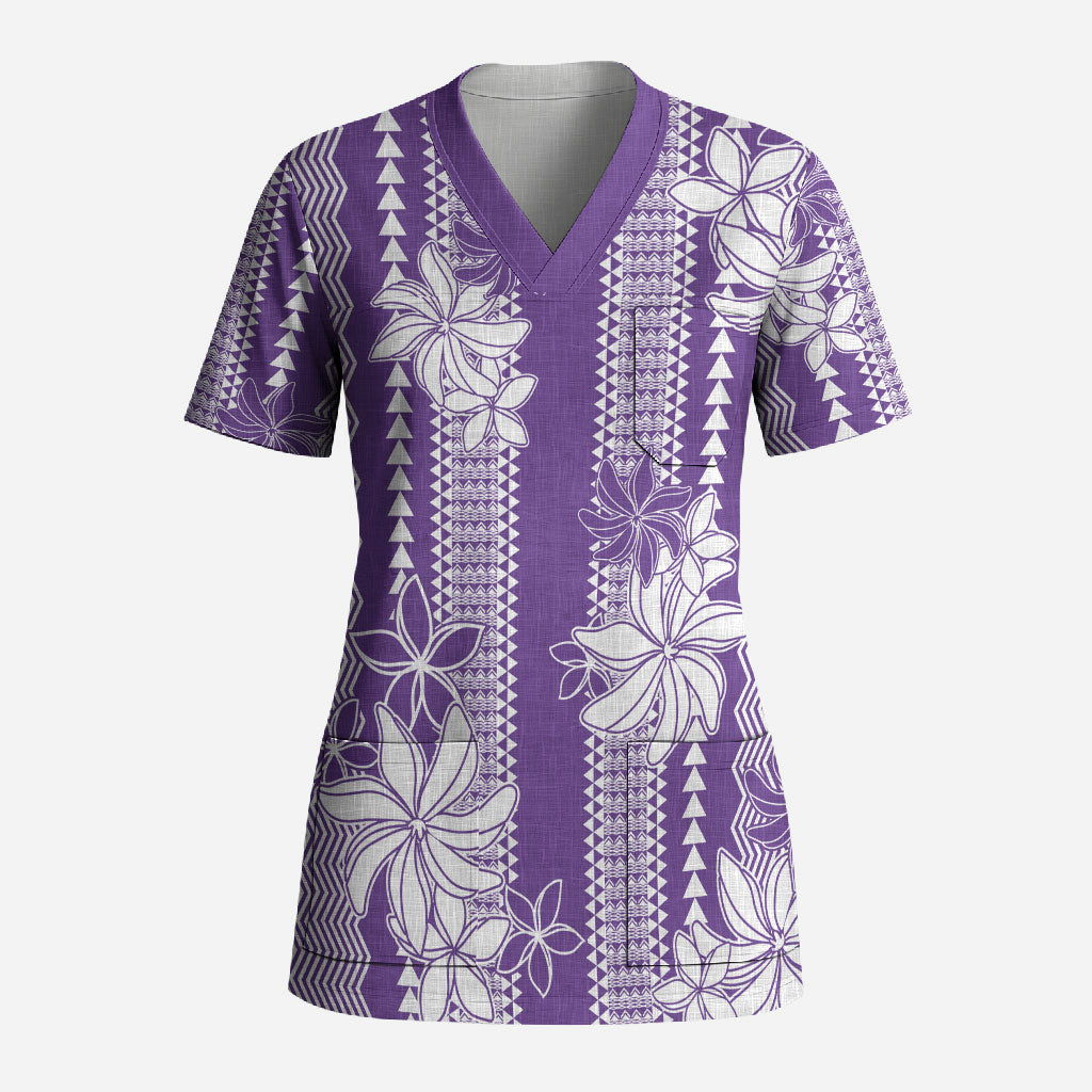 Hawaii Kakau Tribal Scrub Top With Purple Tiare LT05 Adult Purple - Polynesian Pride