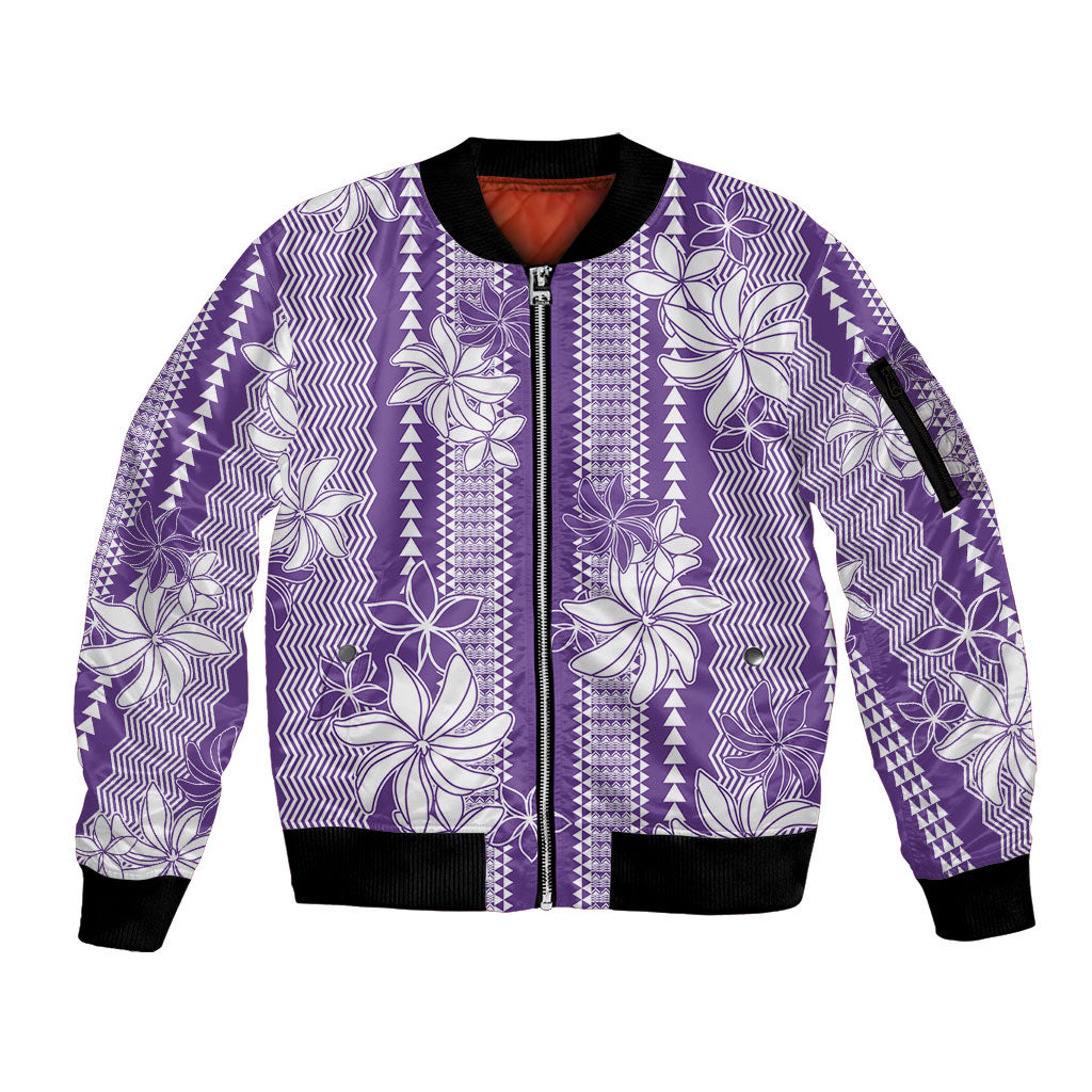 Hawaii Kakau Tribal Sleeve Zip Bomber Jacket With Purple Tiare LT05 Unisex Purple - Polynesian Pride